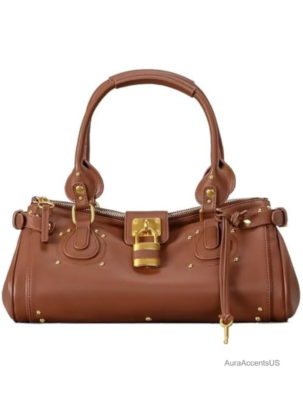 Vintage Y2K PU Leather Top Handle Handbag with Lock Studded East West Satchel